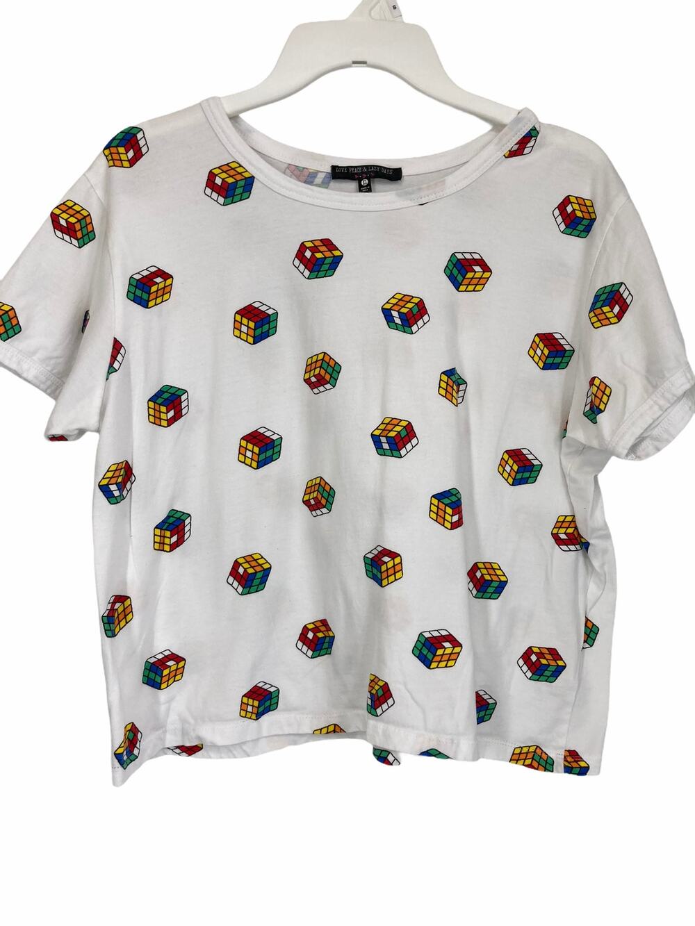 Love Peace & Lazy Days Girl's Rubik's Cube Graphic Tee Kid's Youth Size XL